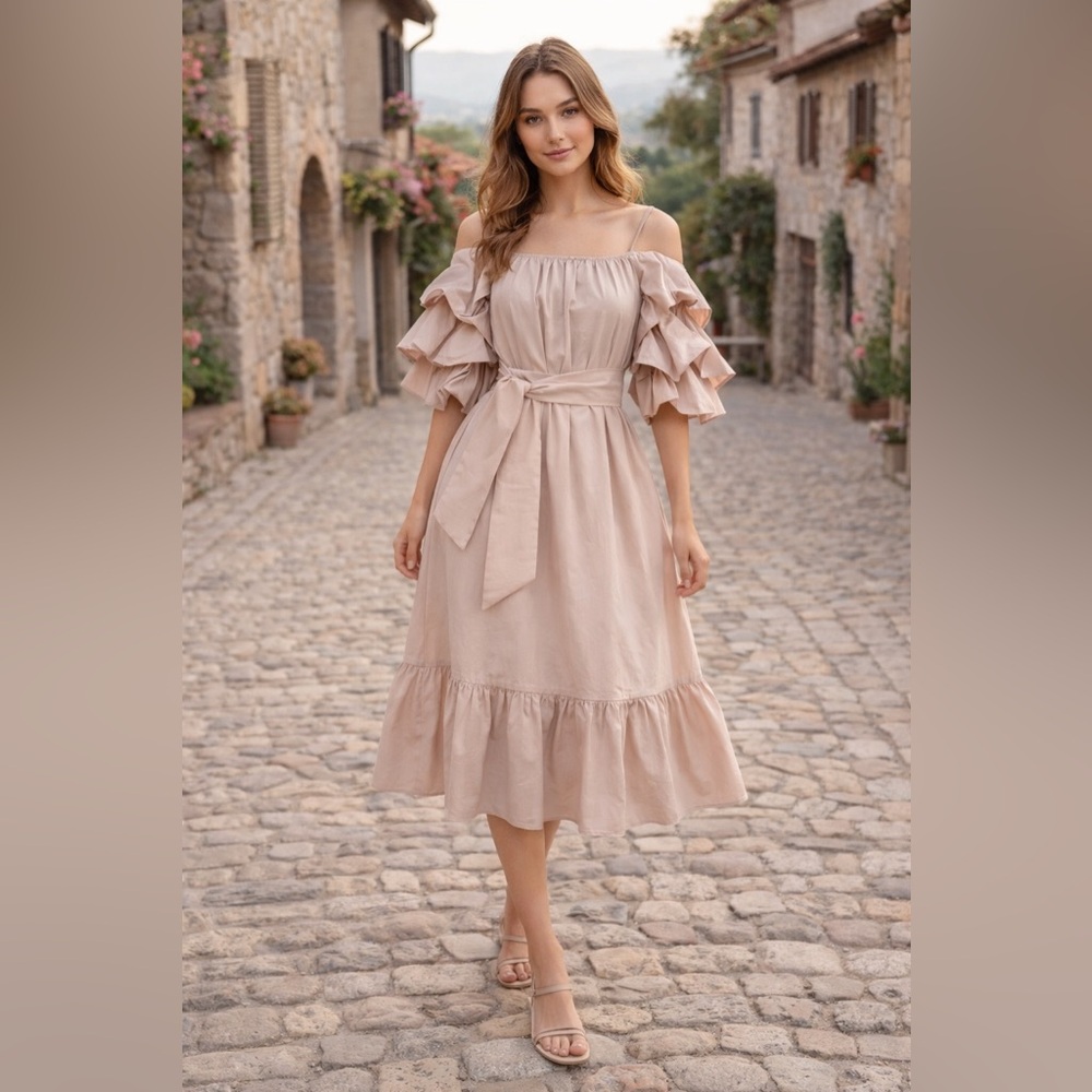 ZARA WOMAN Puff Sleeve Ruffle Hem Dress Sz S Blush Pink Cotton Blend